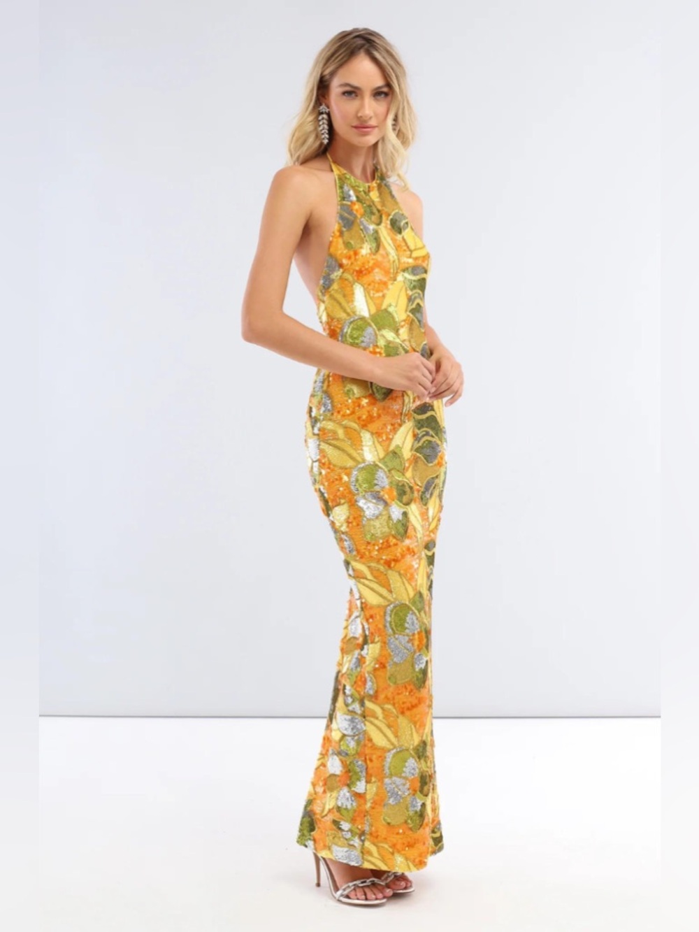 Sequin Halter Prom Gown in Yellow Orange Floral